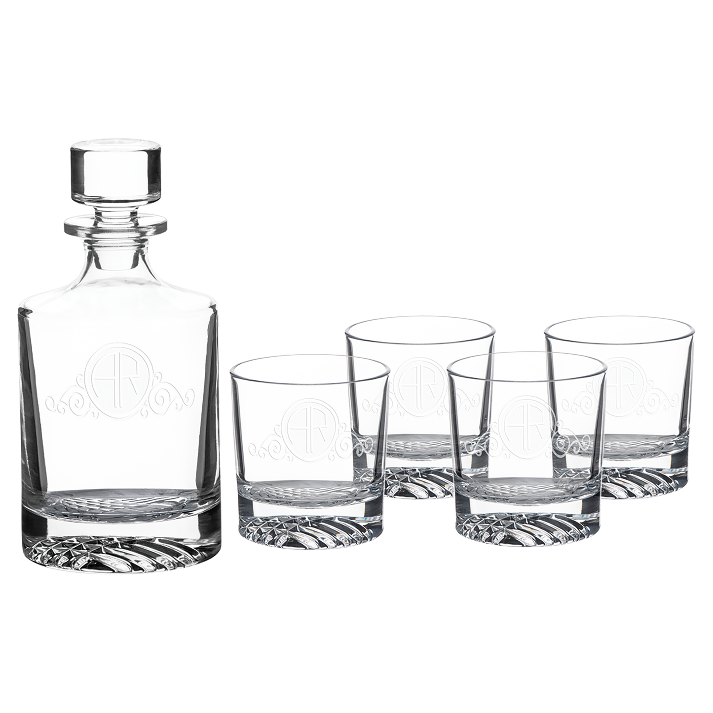 Round Glass Decanter with Four 9 oz Rocks Glasses