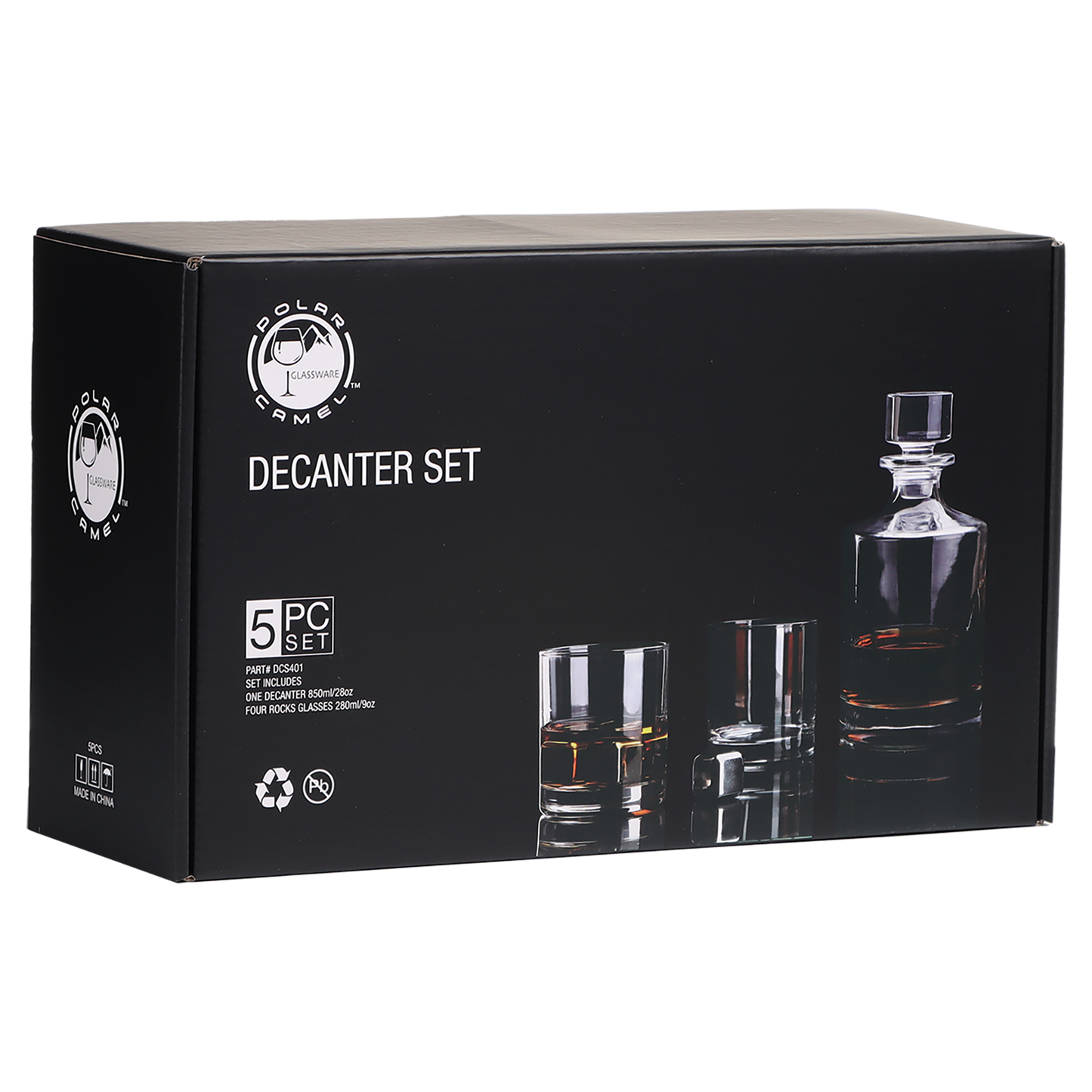 Round Glass Decanter with Four 9 oz Rocks Glasses